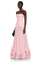 Océane Pink Off Shoulder Pleated Maxi Dress with 3D Florals