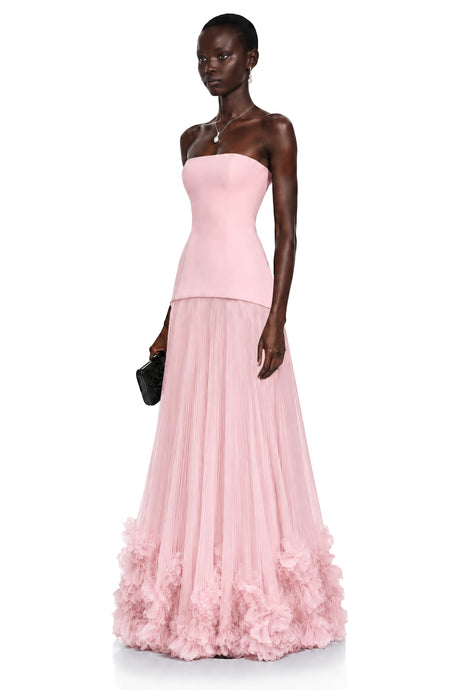 Adrianna Maxi Dress Pink Off Shoulder Pleated with 3D Florals