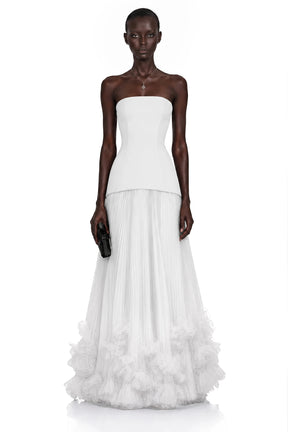 Océane White Off Shoulder Pleated Maxi Dress with 3D Florals