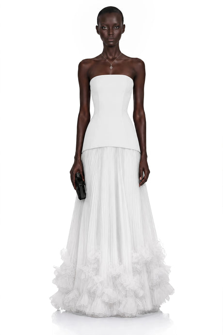 Rowan Maxi Dress White Off Shoulder Pleated with 3D Florals