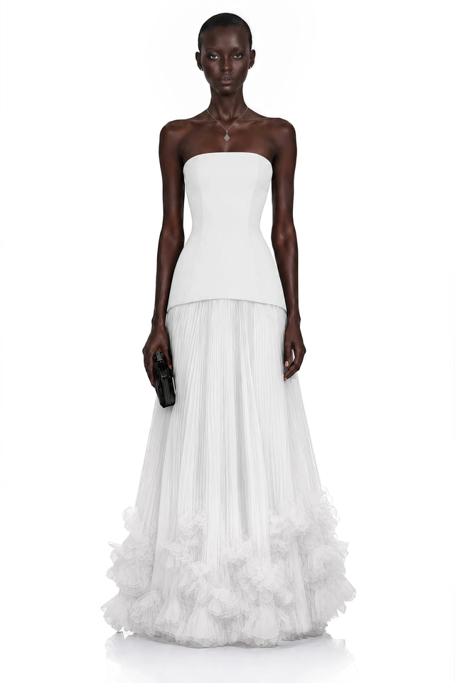 Océane White Off Shoulder Pleated Maxi Dress with 3D Florals
