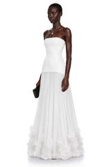 Océane White Off Shoulder Pleated Maxi Dress with 3D Florals