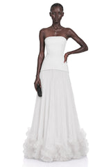 Océane White Off Shoulder Pleated Maxi Dress with 3D Florals