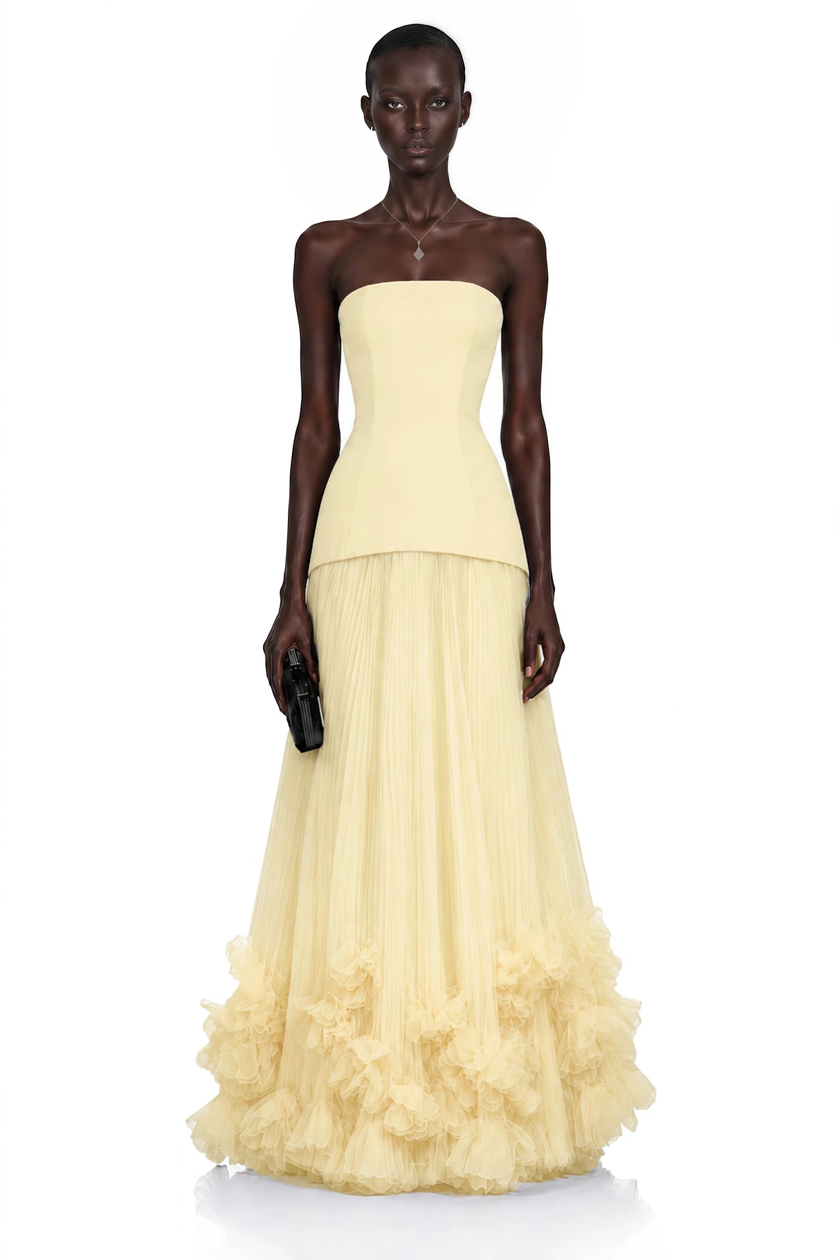 Océane Yellow Off Shoulder Pleated Maxi Dress with 3D Florals
