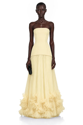 Océane Yellow Off Shoulder Pleated Maxi Dress with 3D Florals