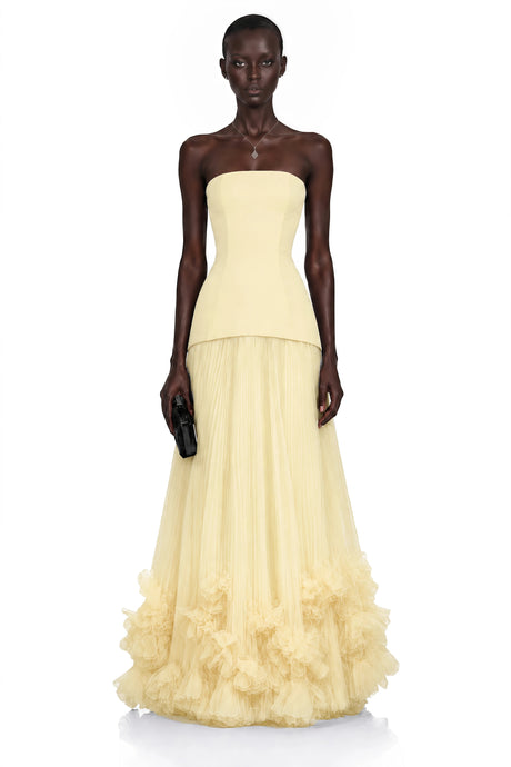 Natalie Maxi Dress Yellow Off Shoulder Pleated with 3D Florals