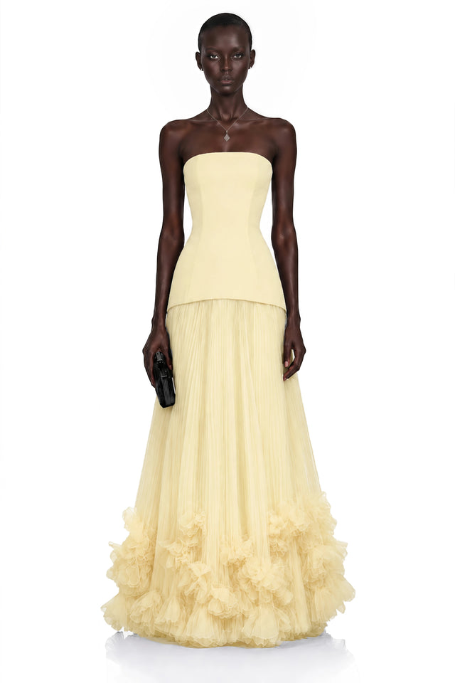 Océane Yellow Off Shoulder Pleated Maxi Dress with 3D Florals