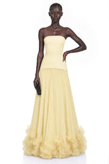 Océane Yellow Off Shoulder Pleated Maxi Dress with 3D Florals