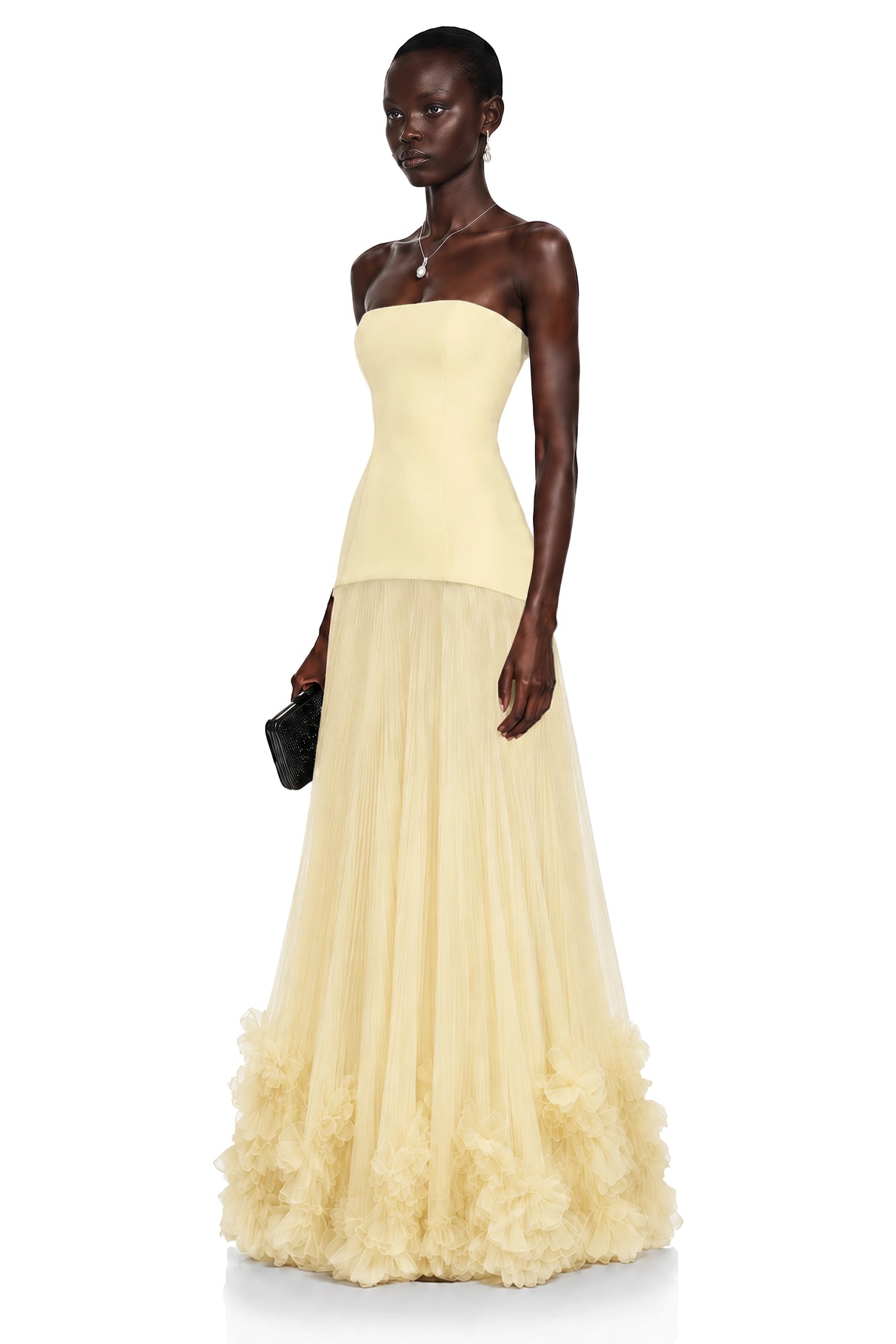 Océane Yellow Off Shoulder Pleated Maxi Dress with 3D Florals