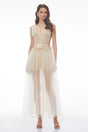 Octavia Beige Vneck Semisheer Ruched Maxi Dress