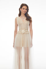 Octavia Beige Vneck Semisheer Ruched Maxi Dress