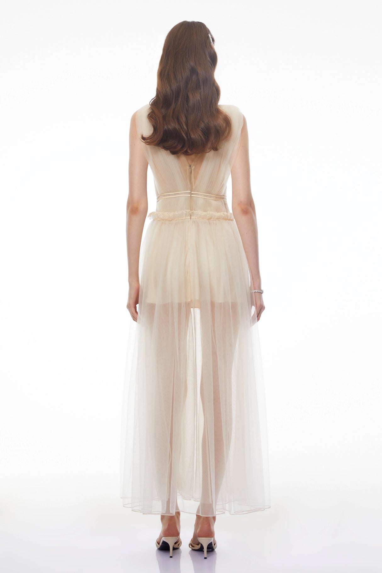 Octavia Beige Vneck Semisheer Ruched Maxi Dress
