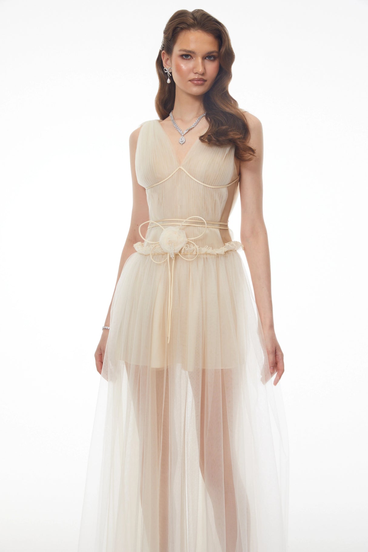 Octavia Beige Vneck Semisheer Ruched Maxi Dress