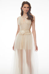 Octavia Beige Vneck Semisheer Ruched Maxi Dress