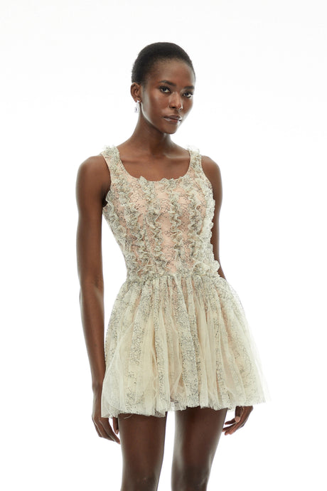 Laura Mini Dress Green Ruched with Mesh Panels