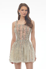 Octavia Green Ruched Mini Dress with Mesh Panels