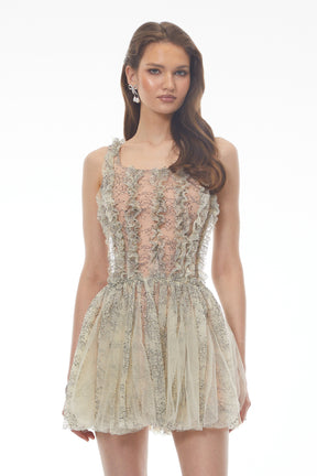Octavia Green Ruched Mini Dress with Mesh Panels