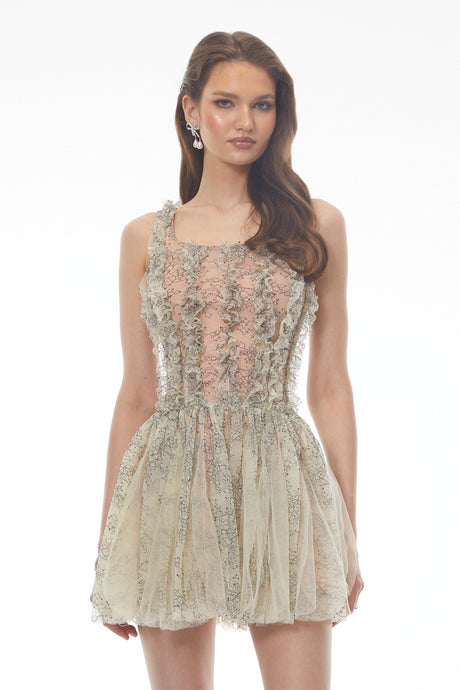 Katherine Mini Dress Green Ruched with Mesh Panels