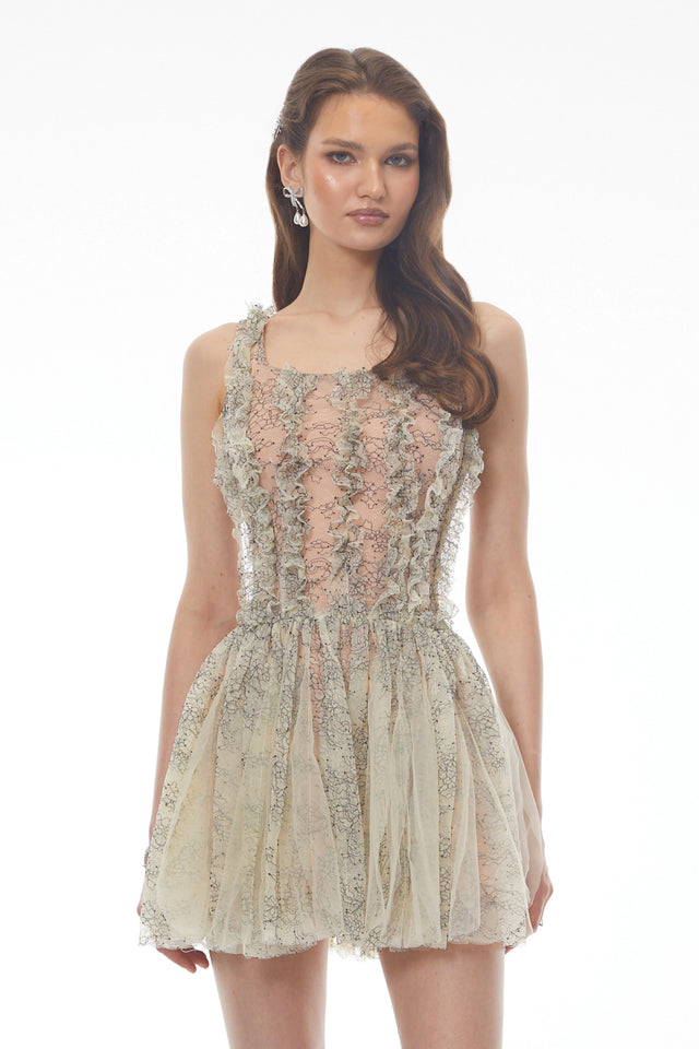 Octavia Green Ruched Mini Dress with Mesh Panels