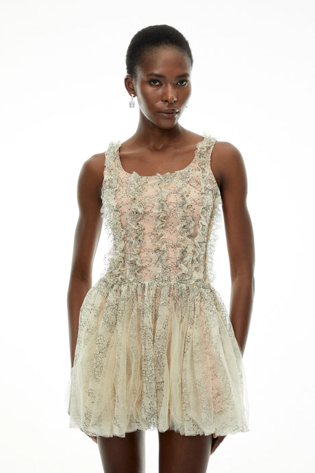 Laura Mini Dress Green Ruched with Mesh Panels