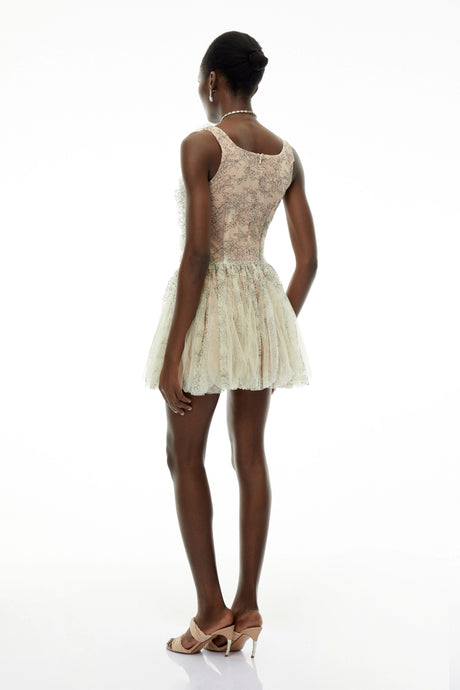 Laura Mini Dress Green Ruched with Mesh Panels
