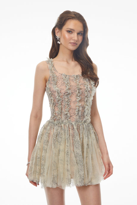 Katherine Mini Dress Green Ruched with Mesh Panels