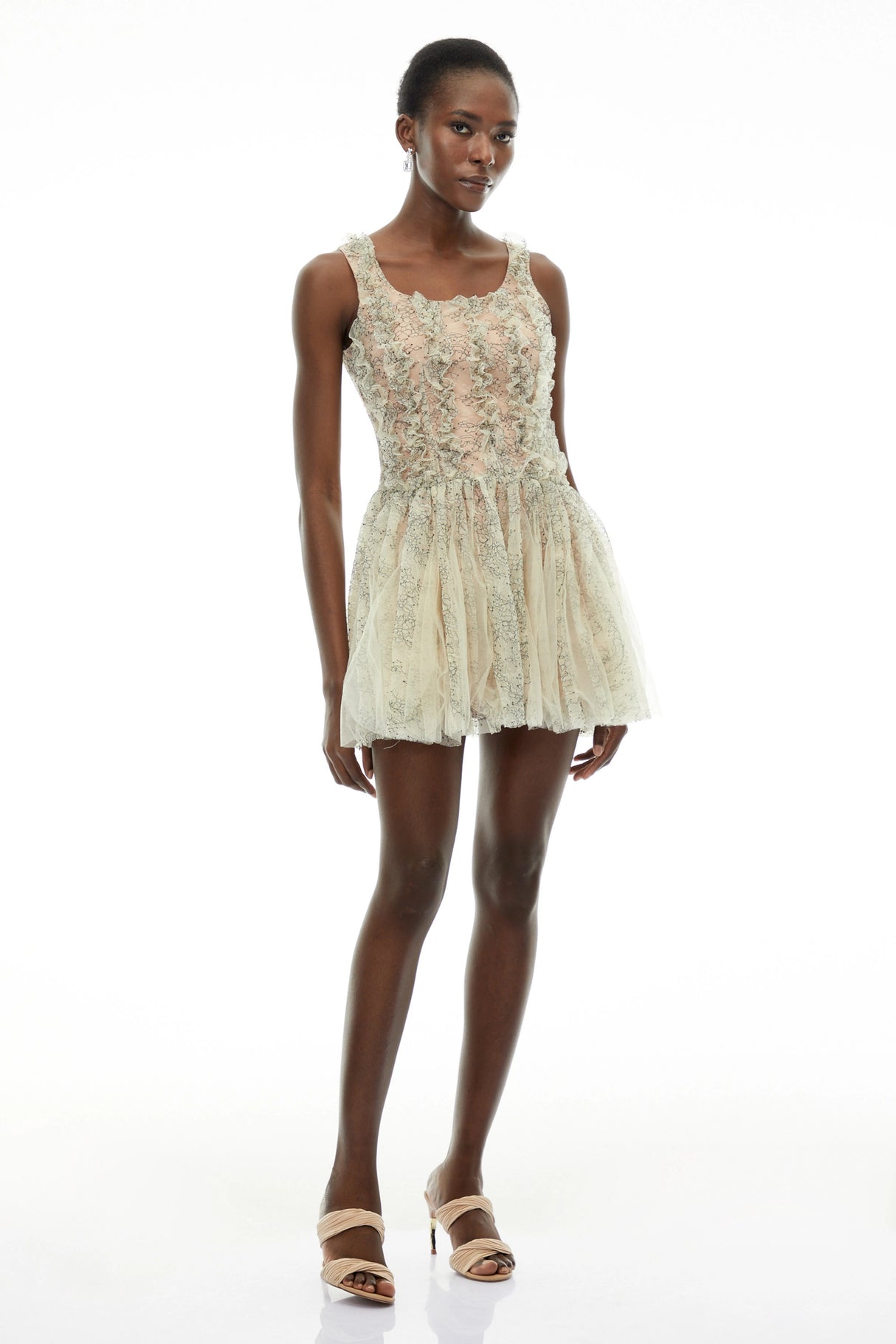 Octavia Green Ruched Mini Dress with Mesh Panels