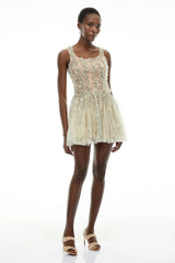 Octavia Green Ruched Mini Dress with Mesh Panels