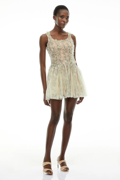 Laura Mini Dress Green Ruched with Mesh Panels