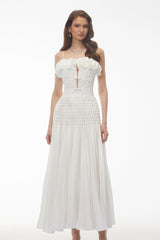 Octavia White Pleated Maxi Dress with 3D Floral