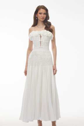Octavia White Pleated Maxi Dress with 3D Floral