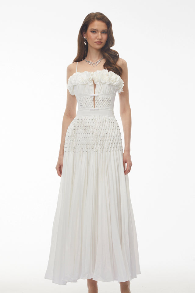 Octavia White Pleated Maxi Dress with 3D Floral