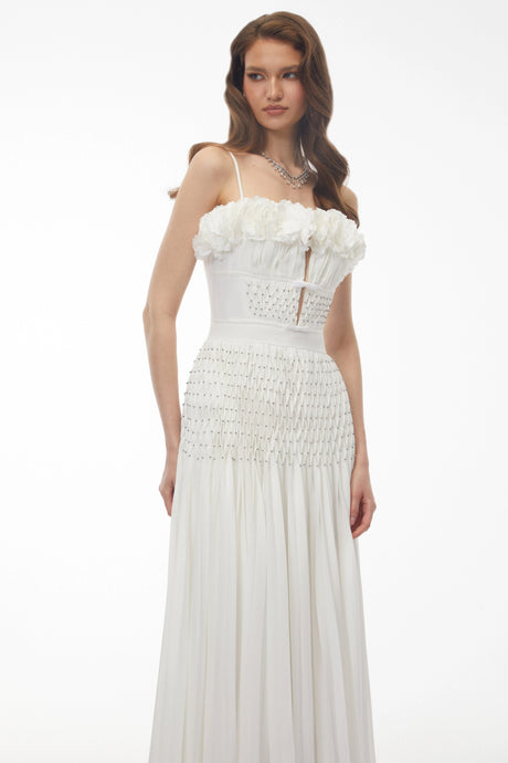 Callie Maxi Dress White Pleated with 3D Floral