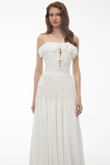 Octavia White Pleated Maxi Dress with 3D Floral