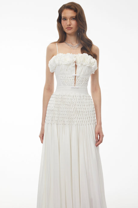 Callie Maxi Dress White Pleated with 3D Floral