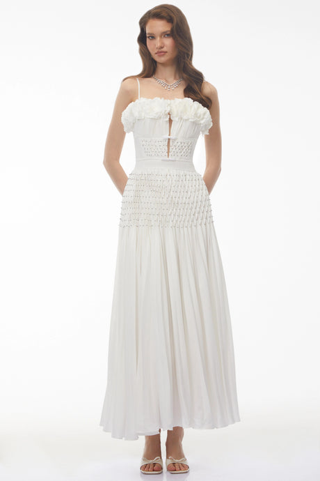 Callie Maxi Dress White Pleated with 3D Floral