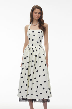 Odelia White Polka Dot Midi Dress with Lace Trim