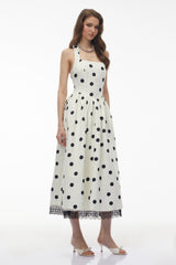 Odelia White Polka Dot Midi Dress with Lace Trim