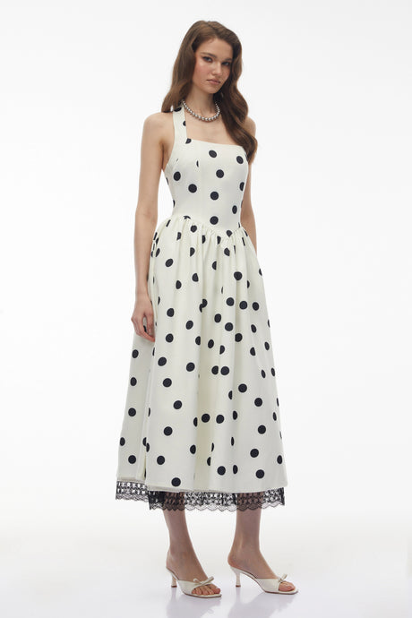 Gemmina Midi Dress White Polka Dot with Lace Trim