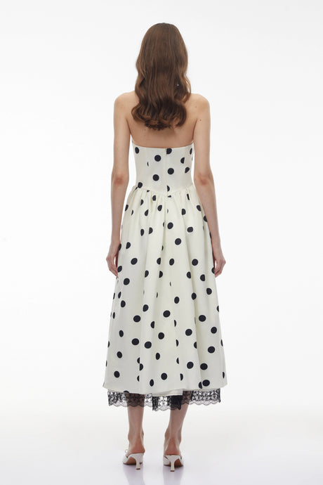 Gemmina Midi Dress White Polka Dot with Lace Trim