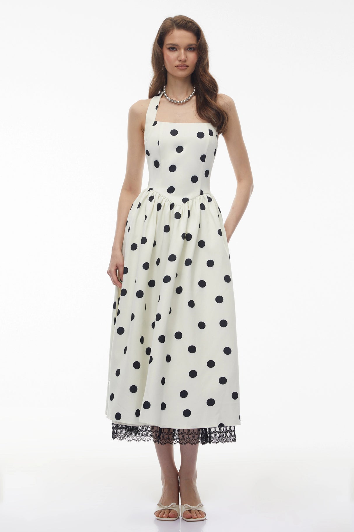 Odelia White Polka Dot Midi Dress with Lace Trim