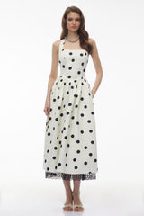 Odelia White Polka Dot Midi Dress with Lace Trim