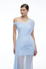 Odette Blue One Shoulder Ruched Maxi Dress