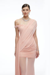 Odette Pink One Shoulder Ruched Maxi Dress