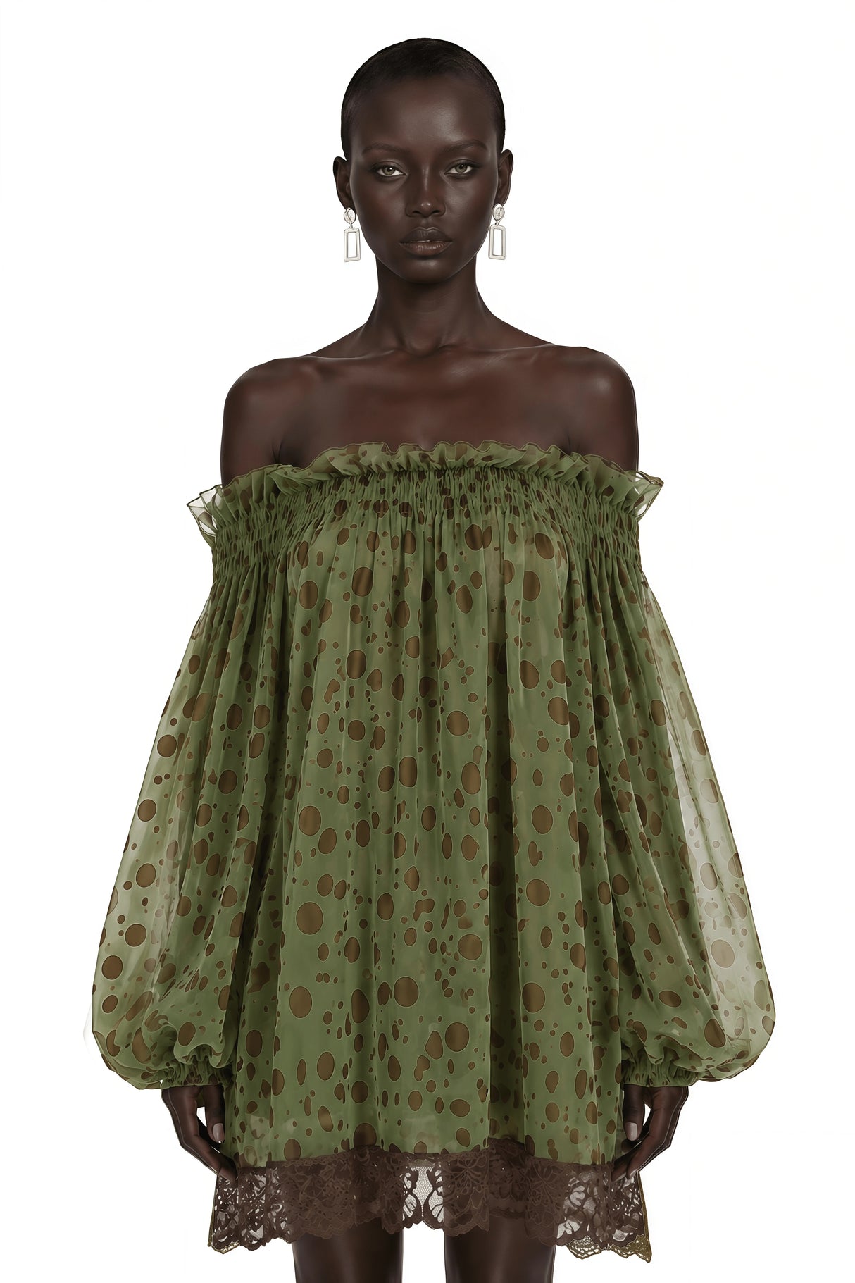 Odile Olive Green Off Shoulder Polka Dot Mini Dress