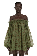 Odile Olive Green Off Shoulder Polka Dot Mini Dress