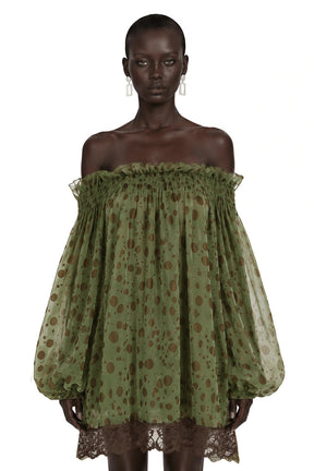 Odile Olive Green Off Shoulder Polka Dot Mini Dress