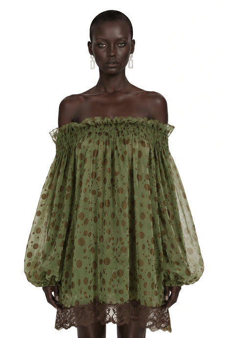 Noemi Mini Dress Olive Green Off Shoulder Polka Dot