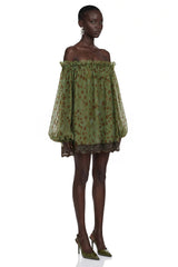 Odile Olive Green Off Shoulder Polka Dot Mini Dress