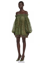 Odile Olive Green Off Shoulder Polka Dot Mini Dress